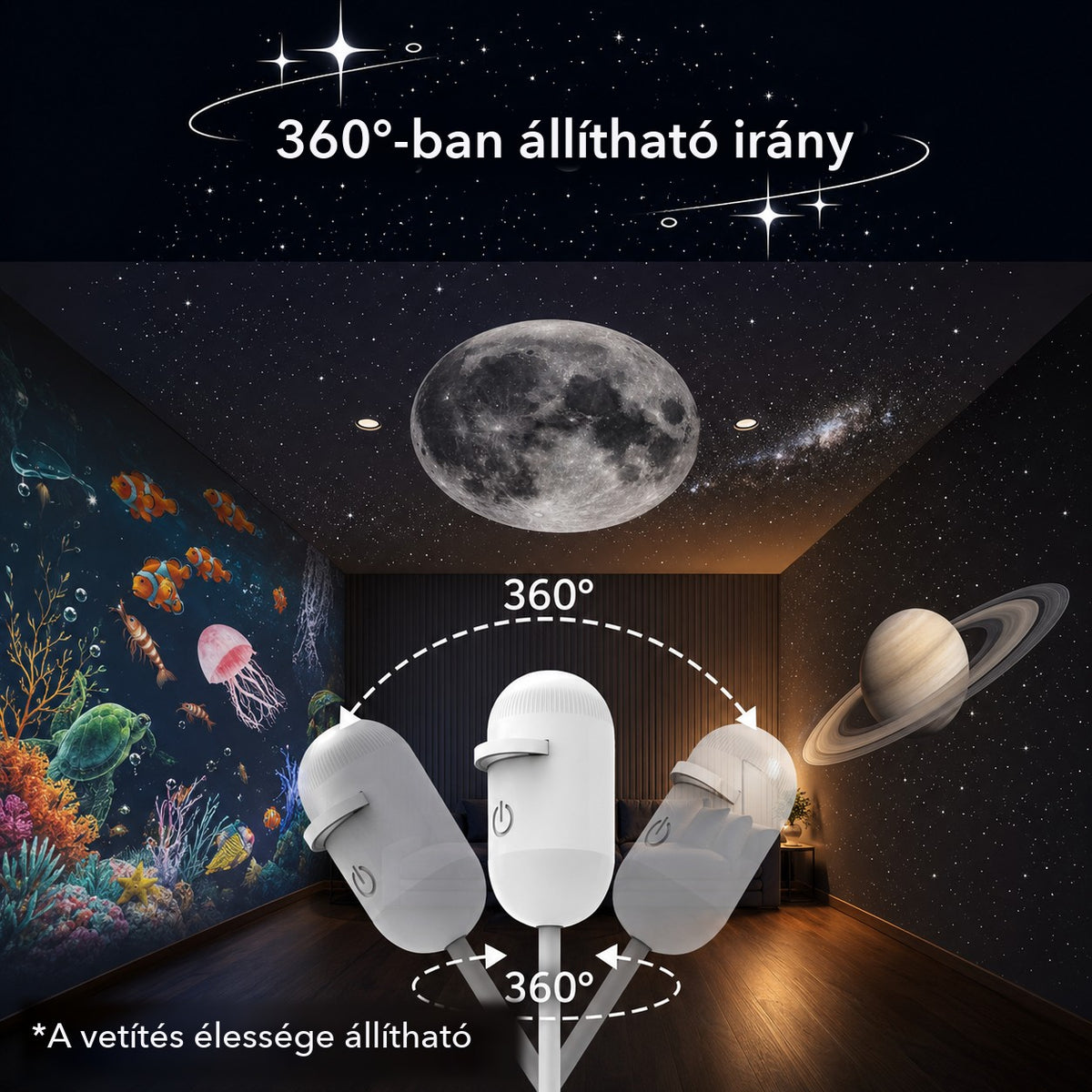 A csillagprojektor iránya 360°-ban állítható, az élesség is állítható