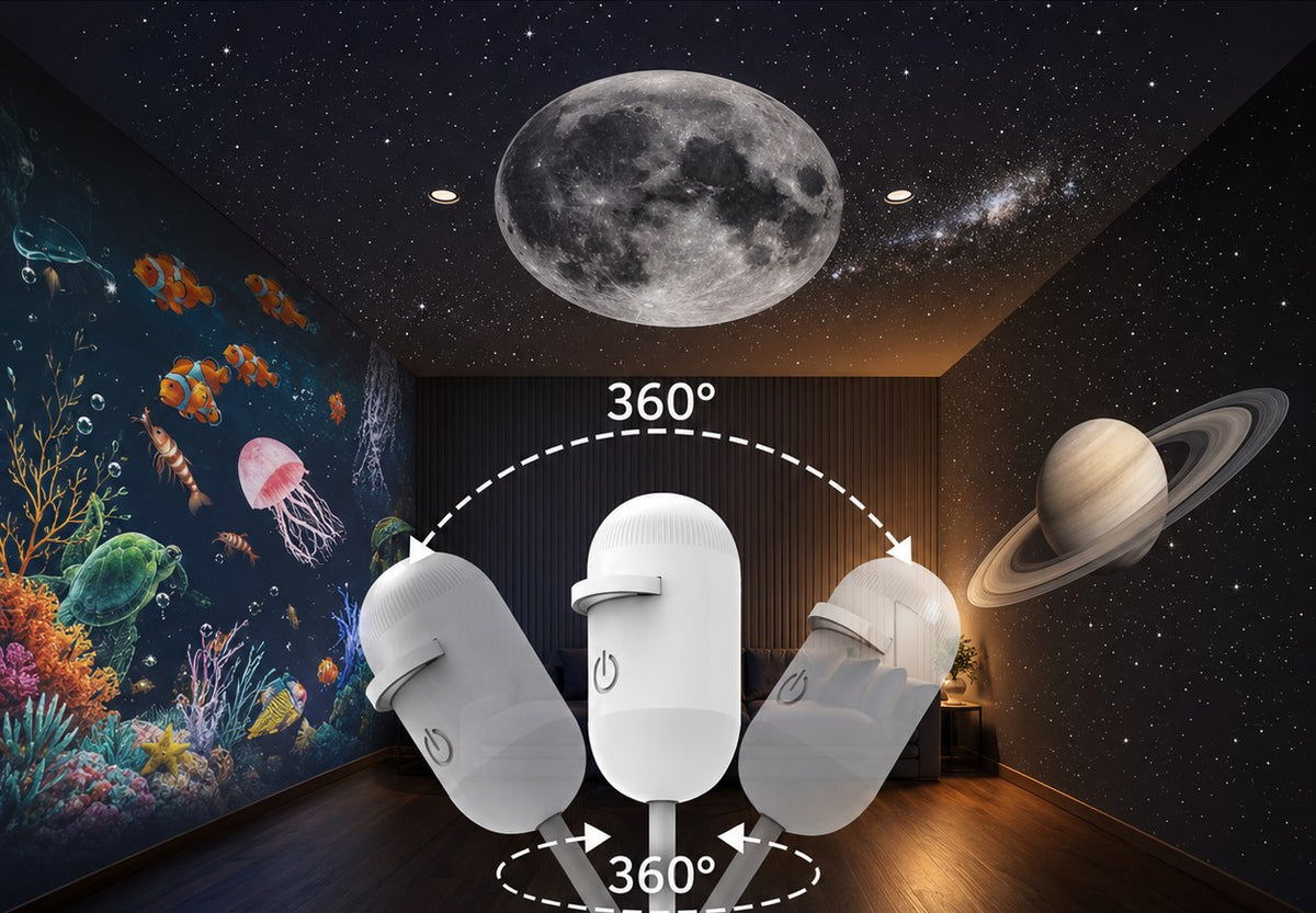 A csillagprojektor 360°-ban állítható iránya: Hold, Szaturnusz és óceán-minta