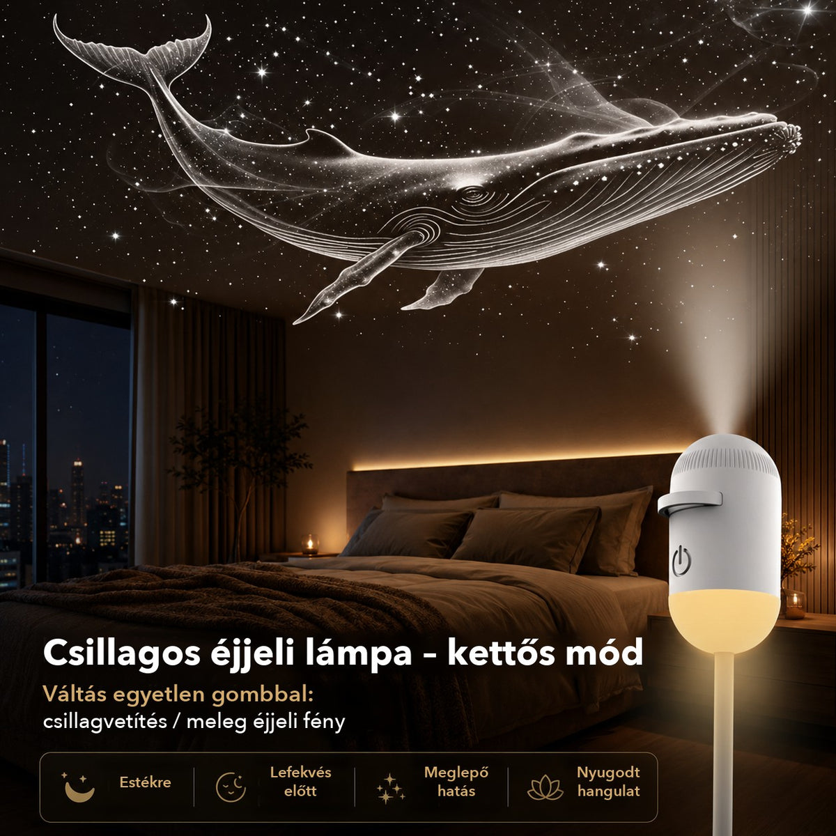 Csillagos éjjeli lámpa kettős móddal: csillagvetítés vagy meleg éjjeli fény egyetlen gombbal